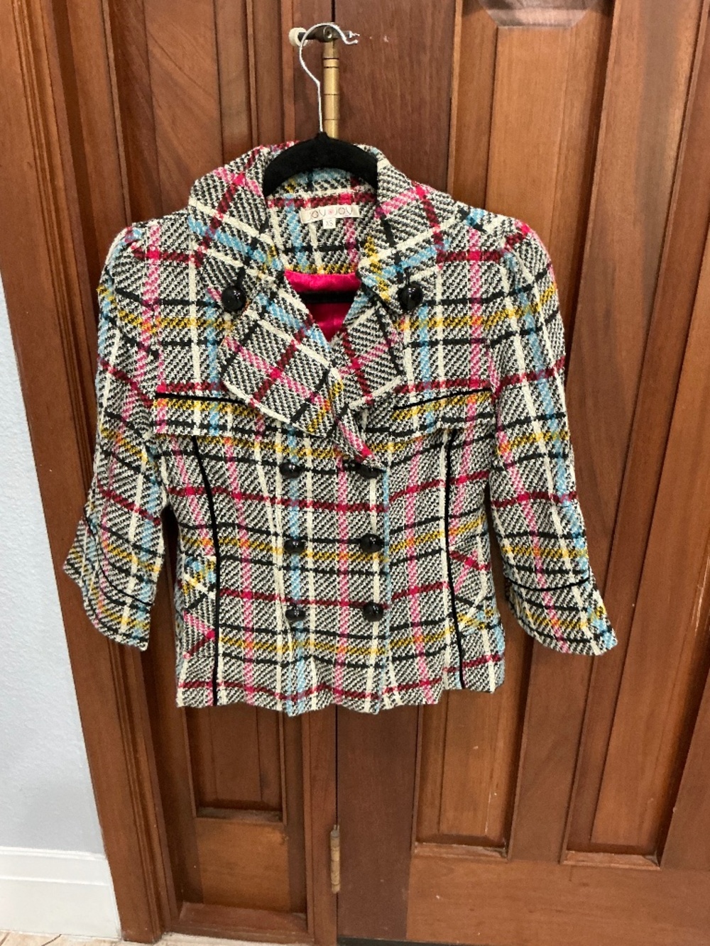 JOY JOY: Colorful Plaid Bouclé Tweed Jacket